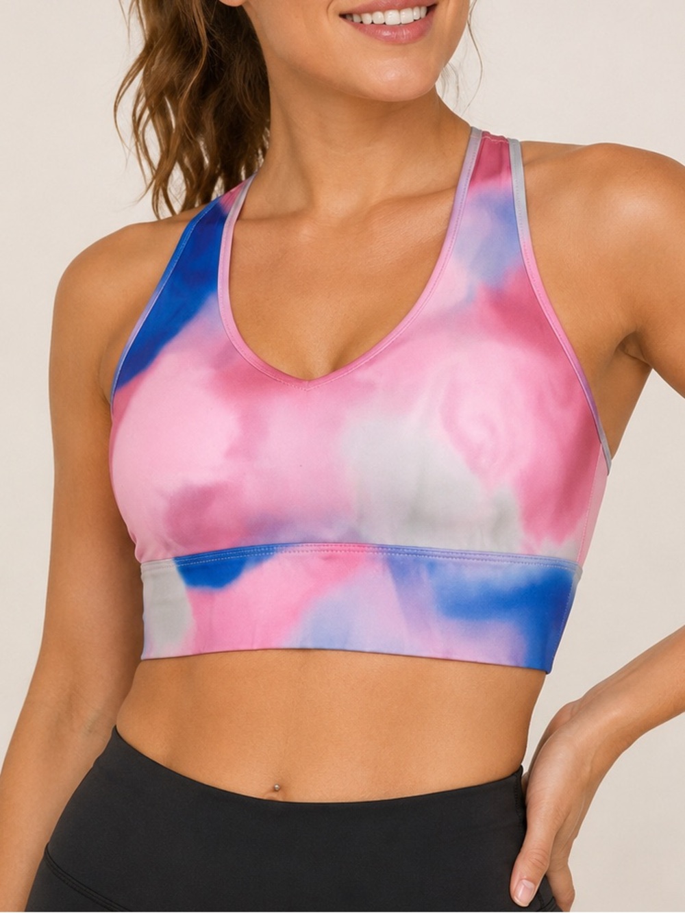 Athletic Works Tie Dye Racerback Padded Sports Bra Pink Blue Medium